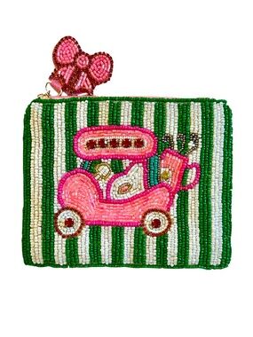 Beaded Golf Cart Coin Purse, Golf Bag Golf Clubs Golf Ball Lily Posh